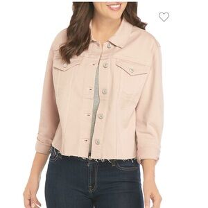 Pale pink denim jacket frayed hem